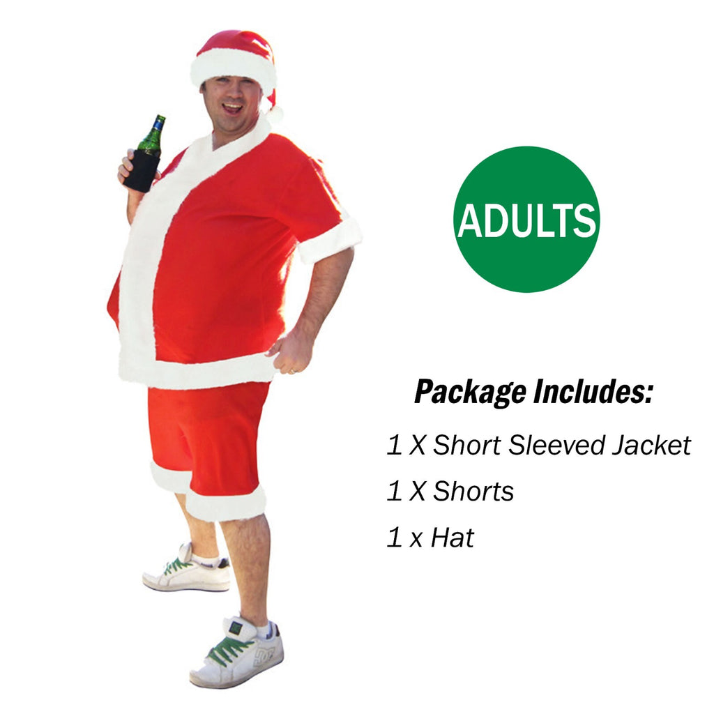 Man wearing an adult summer Santa suit with short sleeve jacket, shorts and hat on a white background