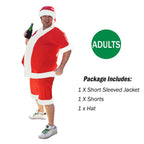 Man wearing an adult summer Santa suit with short sleeve jacket, shorts and hat on a white background