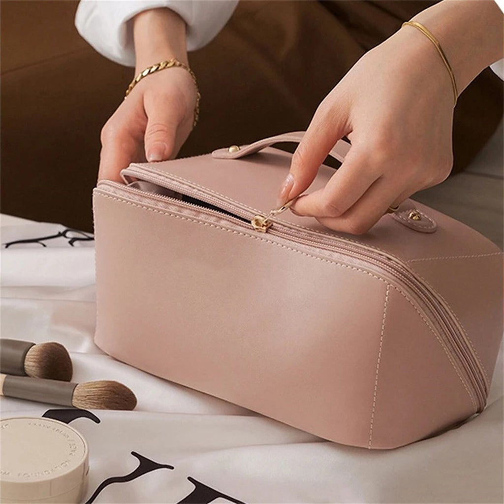 2PCS Travel Makeup Bag Set - Large Capacity Cosmetic Bag and Open Flat Toiletry Bag Pink