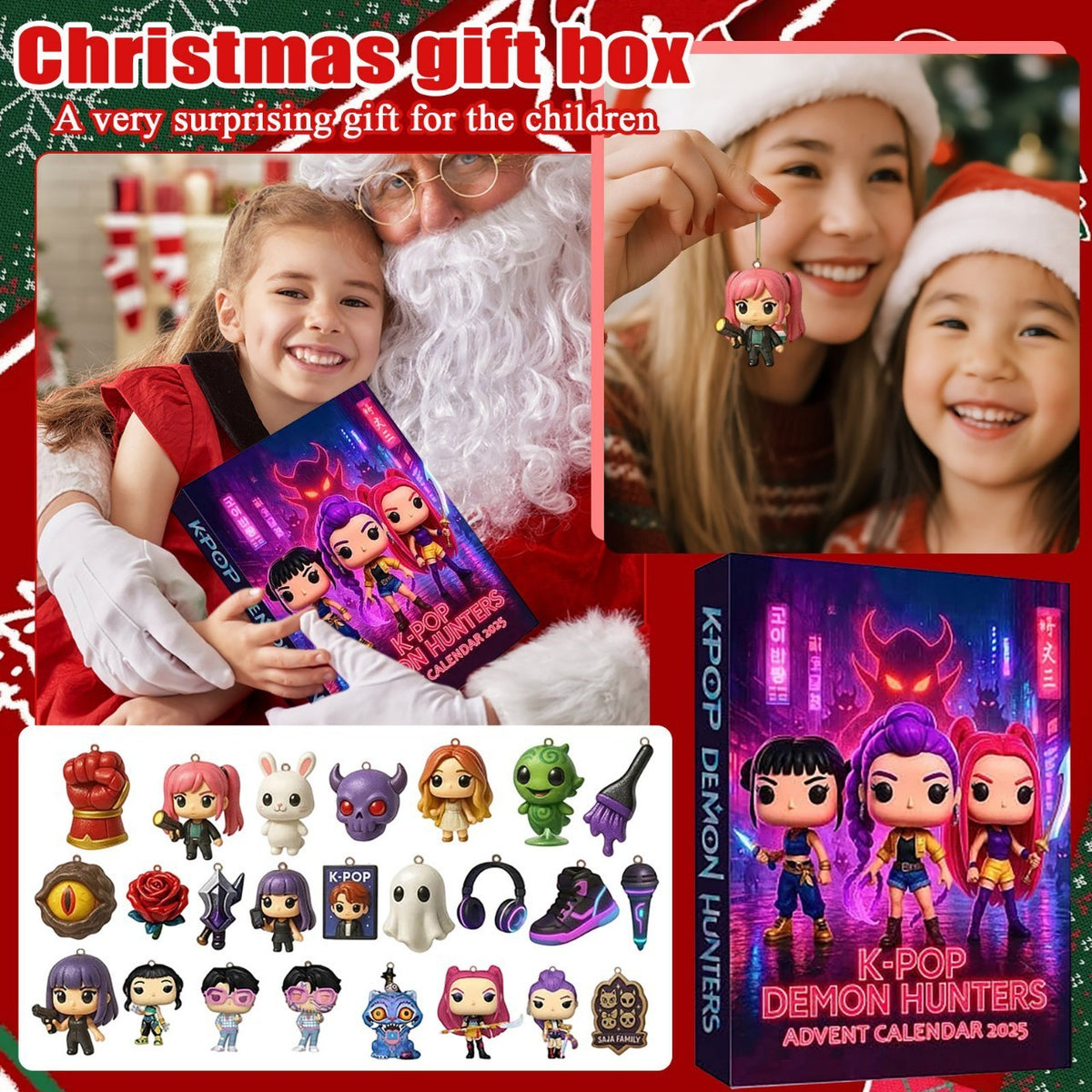 Girls opening the K-pop advent calendar with Santa