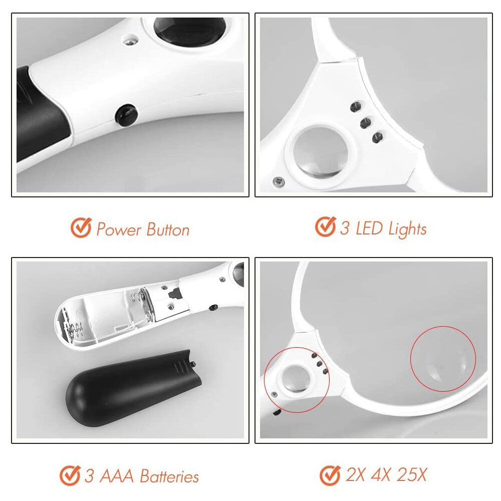 Extra Large Handheld Magnifying Glass 25X with 3 LED Lights Reading Magnifier
