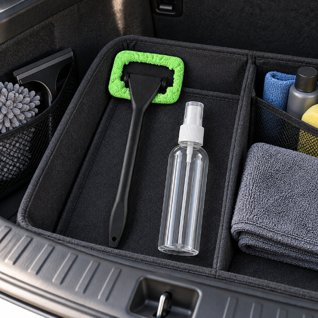 Car Windscreen Window Cleaning Brush Microfibre Pad With Empty Spray Bottle Kit