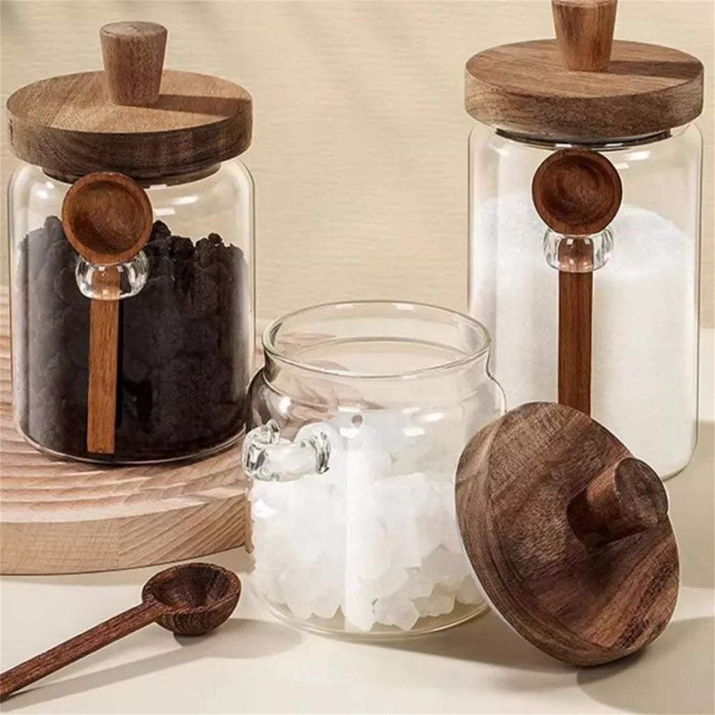 2 Pack Glass Storage Jars with Wooden Lid and Spoon – Airtight Coffee, Spice and Food Containers
