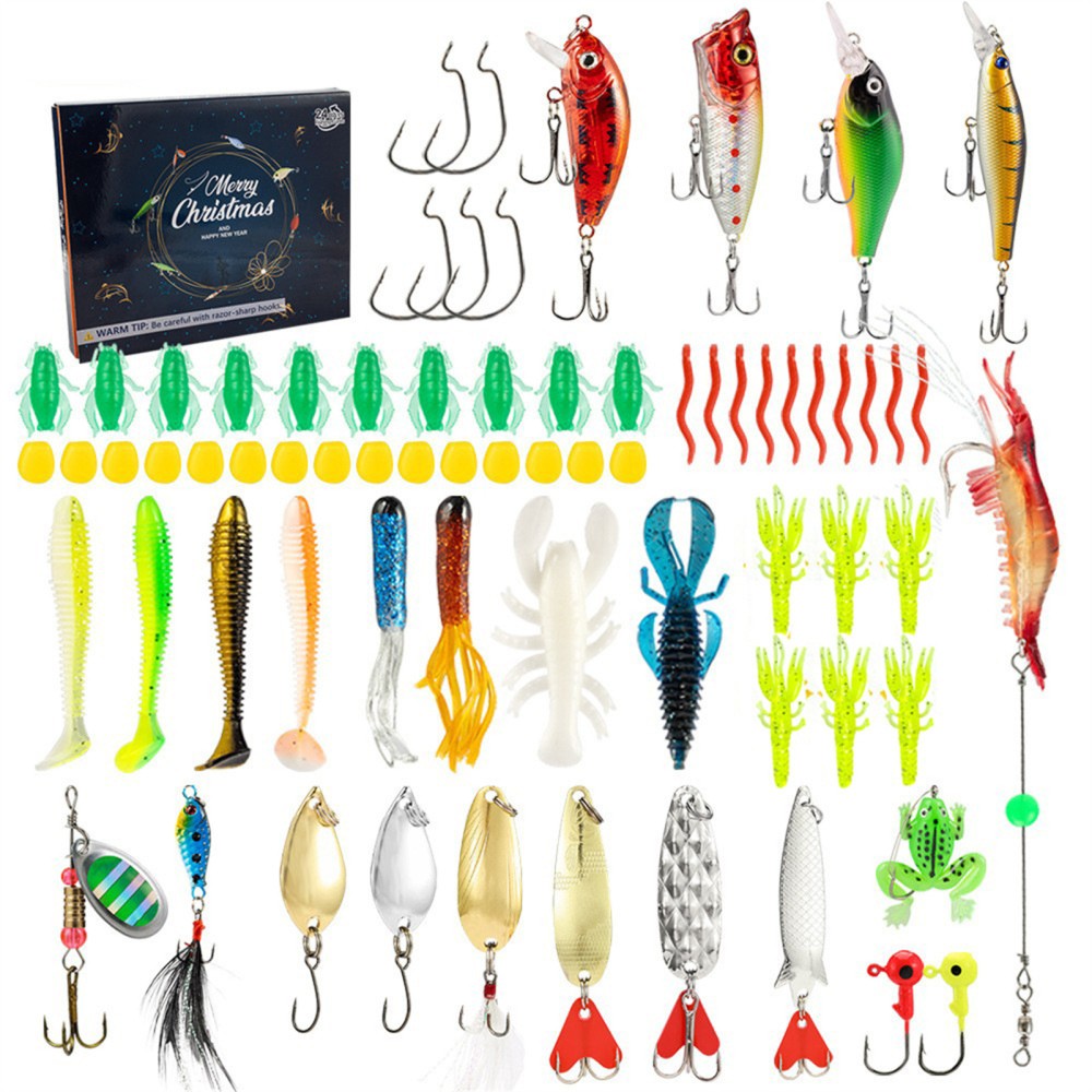Fishing advent calendar Set A mixed tackle with hooks, crankbaits, soft worms, spinners and spoons