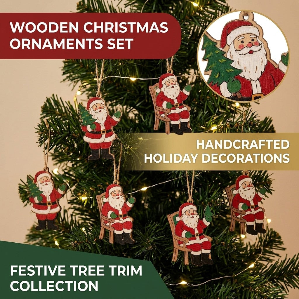 Wooden Christmas ornament set – flat wood Santa figures with hanging loops