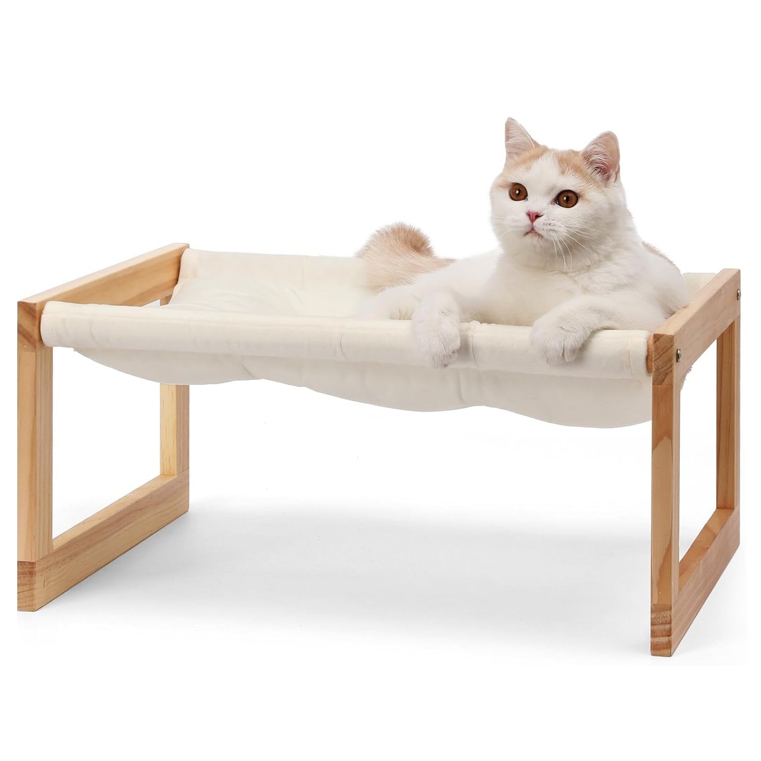 Raised Wooden Cat Bed with Hammock | Solid Pine Elevated Pet Sleeping Platform