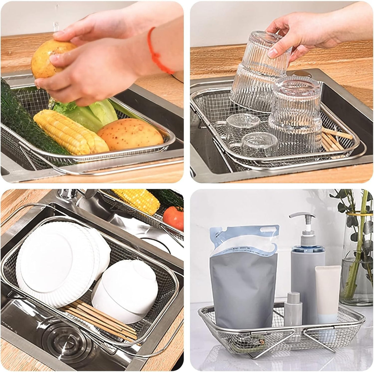 Vegetable Strainer Drainage Basket Stainless Steel Expandable Over Sink Colander