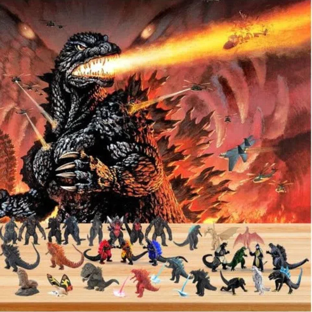 Giant monster mini figures from the advent calendar in a fiery scene