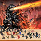 Giant monster mini figures from the advent calendar in a fiery scene