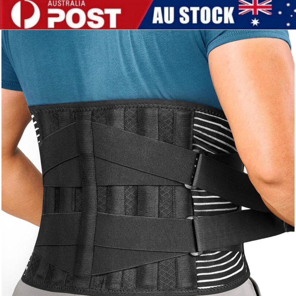 Black lumbar support belt worn on the lower back
