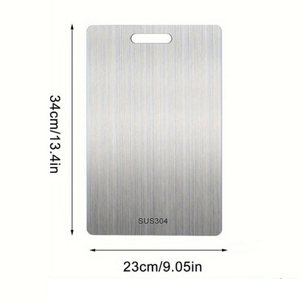 Stainless steel chopping board on a bench