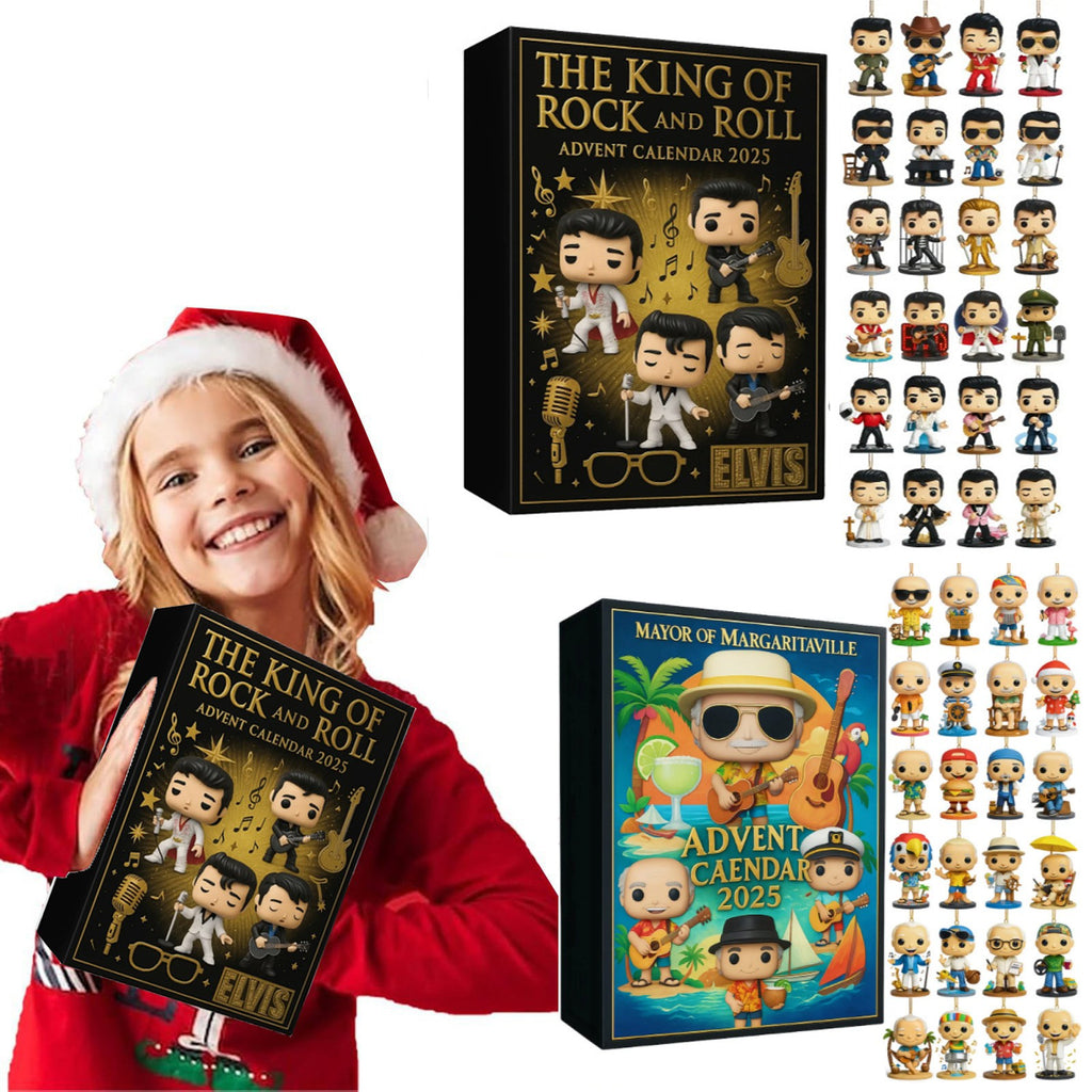 Girl holding the gold box rock music advent calendar with the tropical box beside her