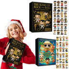 Girl holding the gold box rock music advent calendar with the tropical box beside her