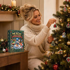 Woman hanging a mini brick ornament from the kids advent calendar on the Christmas tree