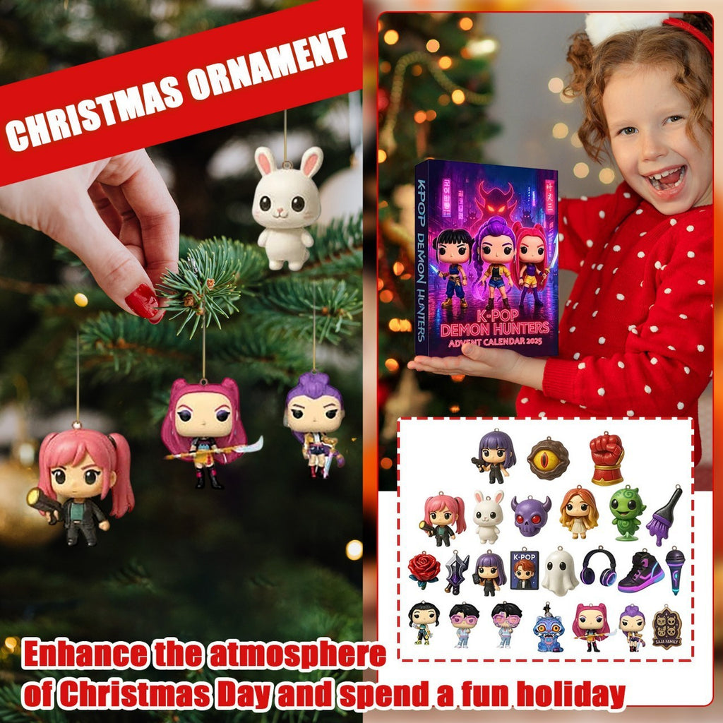 K-pop Christmas ornaments hanging on a tree with a girl holding the advent calendar