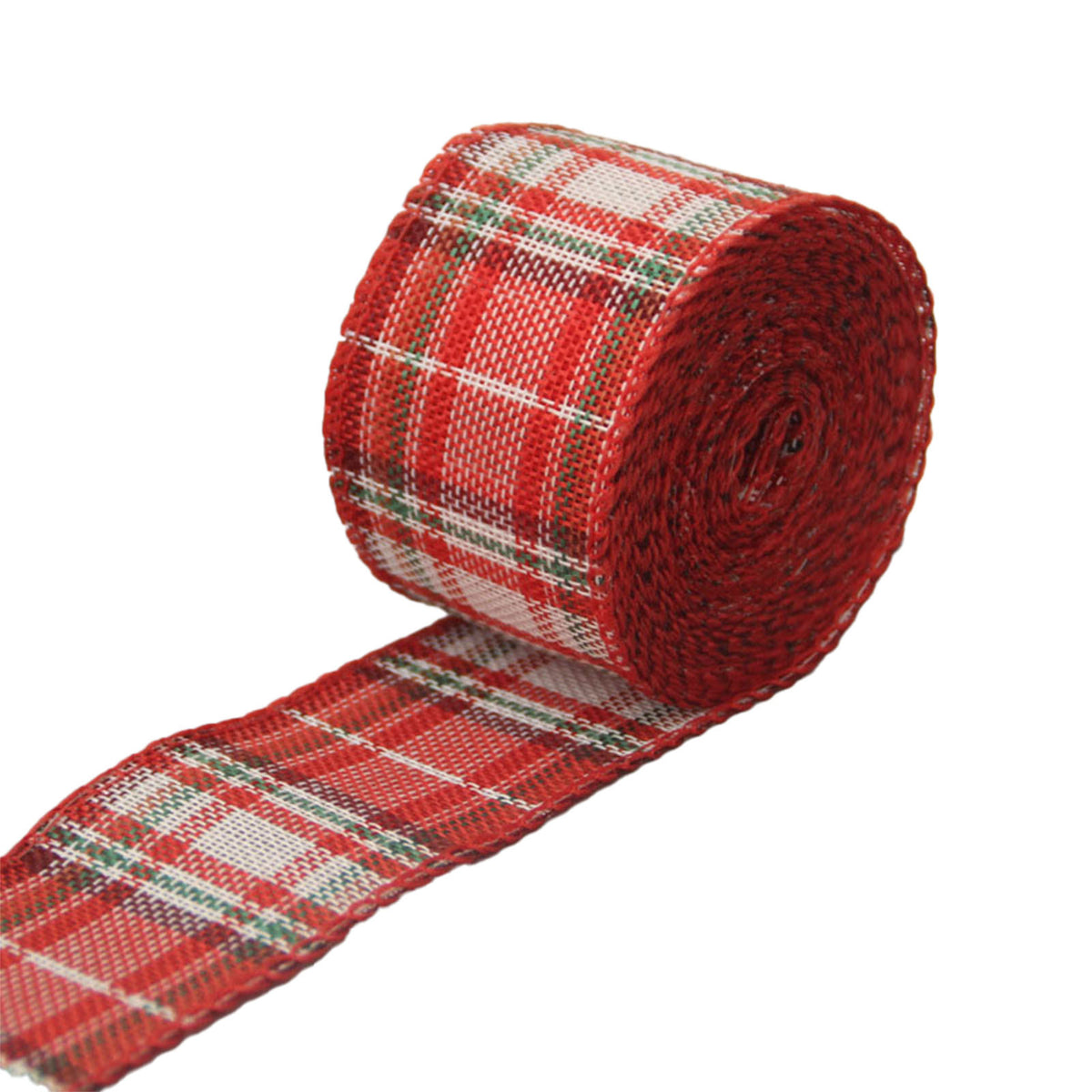 Wired Christmas ribbon roll style 4 – red and white tartan, 6 metre roll