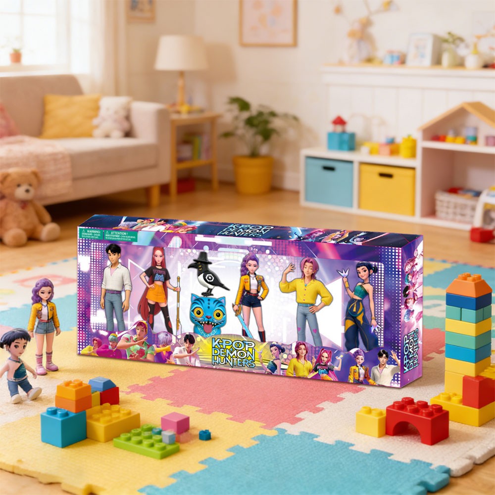 K-pop style figure set on a play mat beside building blocks