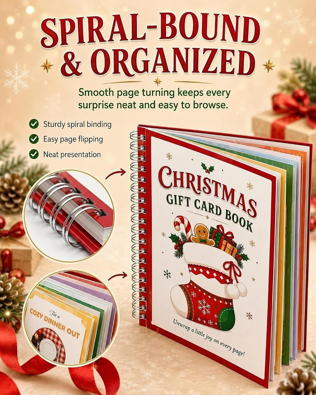 Spiral-bound Christmas gift card book open showing colourful inner pages
