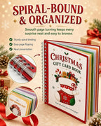 Spiral-bound Christmas gift card book open showing colourful inner pages