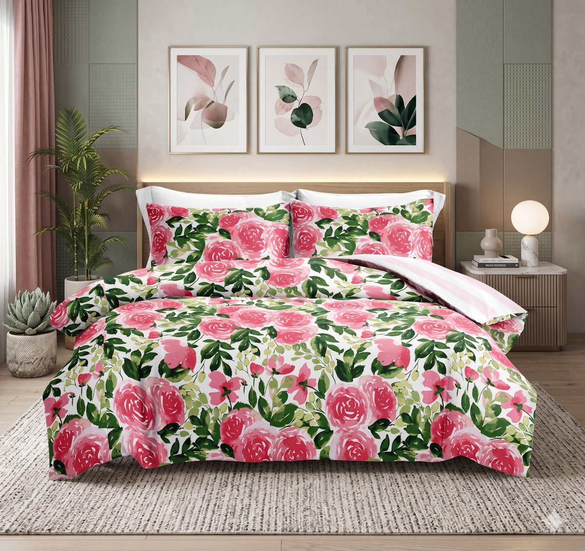 Painterly Rose pink floral quilt cover set in a bedroom
