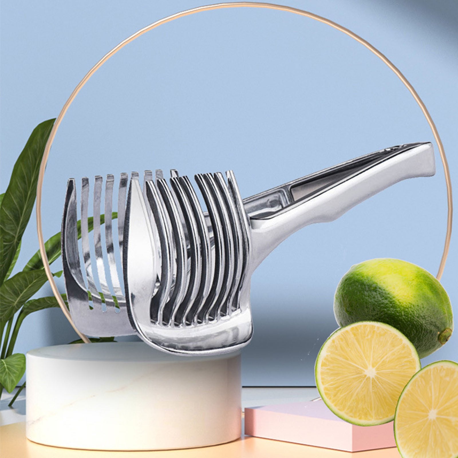 Handheld Tomato Slicer & Lemon Cutter – Stainless Steel Fruit Vegetable Slicing Holder