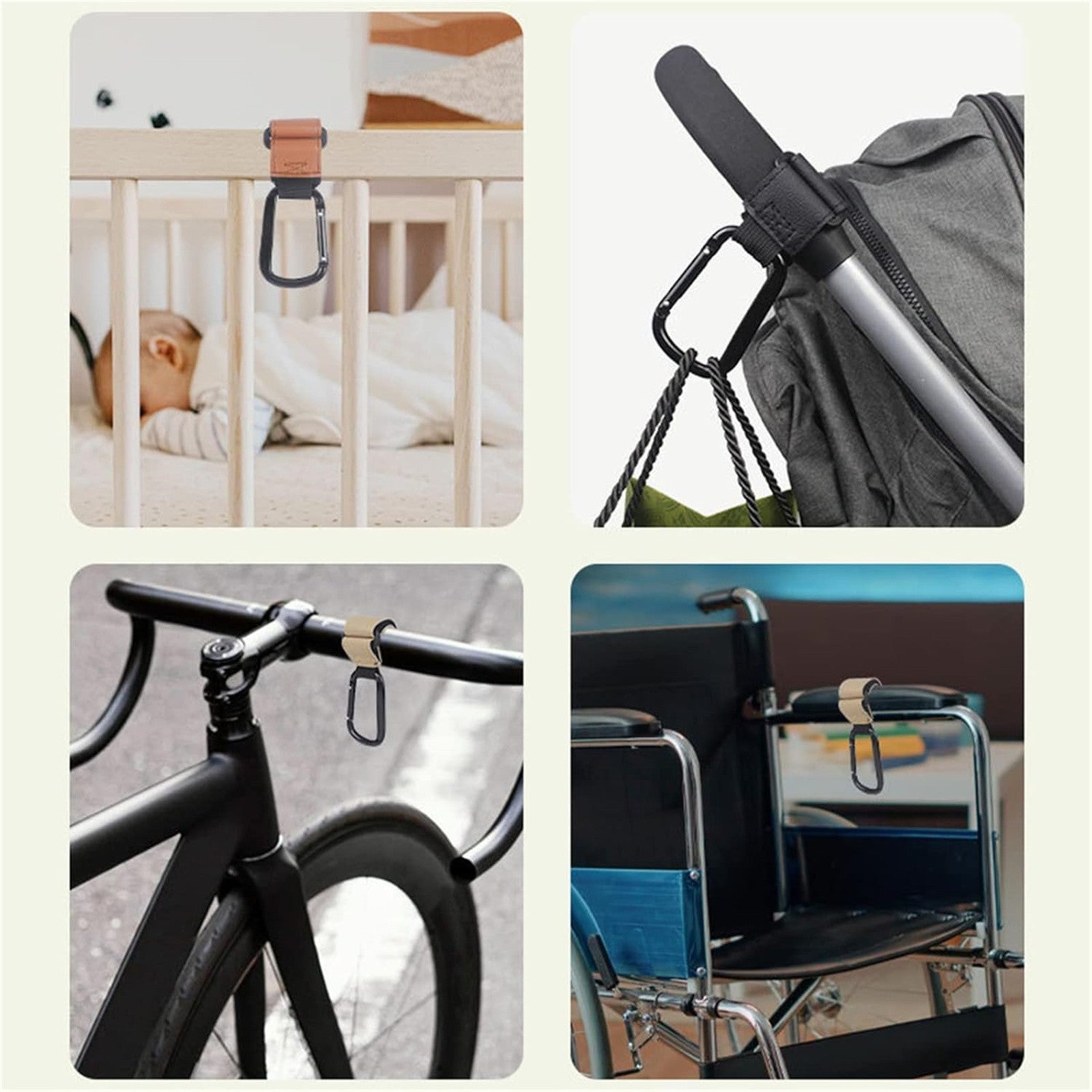 2PCS Metal Pram Hooks - PU Stroller Bag Hangers for Diaper Bags & Shopping Bags