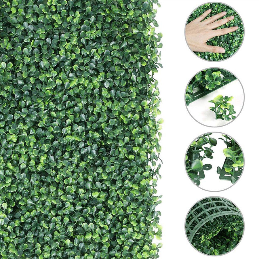 Artificial green wall panel with leaf and backing close-ups