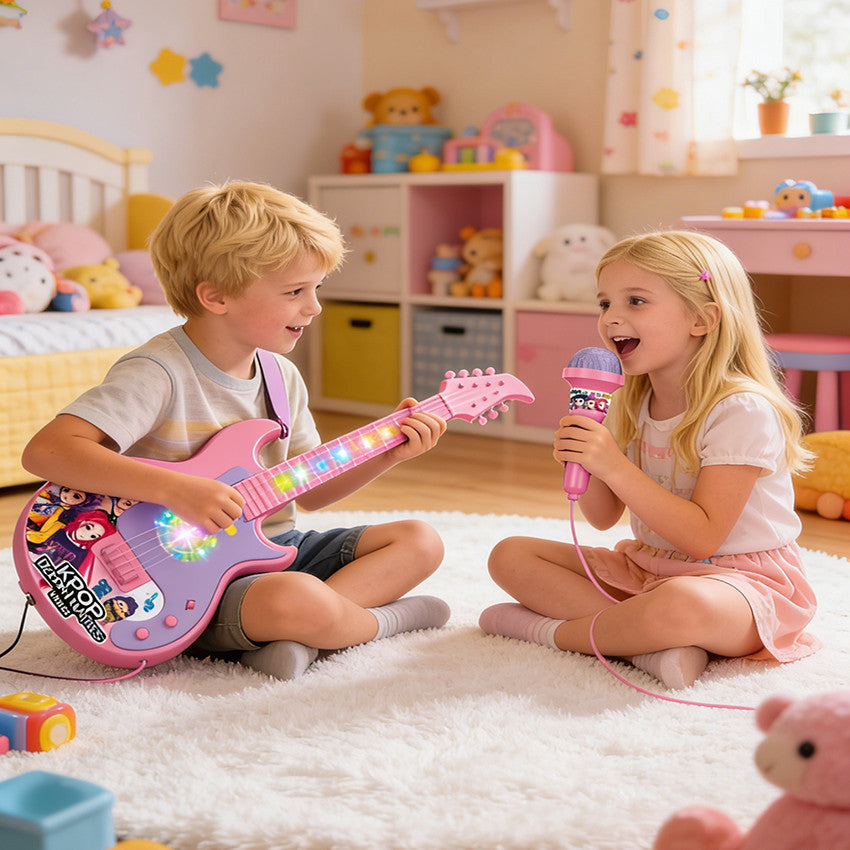 Kids performing with the pink toy guitar and microphone