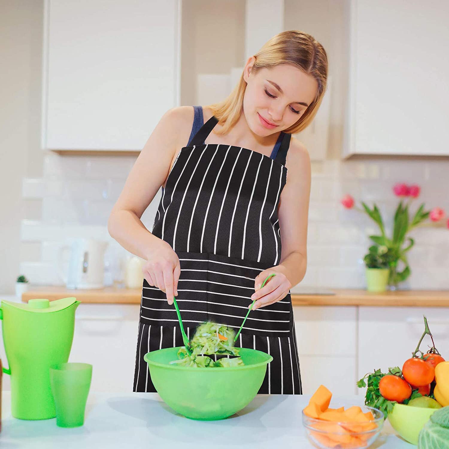 3PCS Striped Kitchen Apron with 2 Pockets – Unisex Chef Cooking BBQ Apron Washable