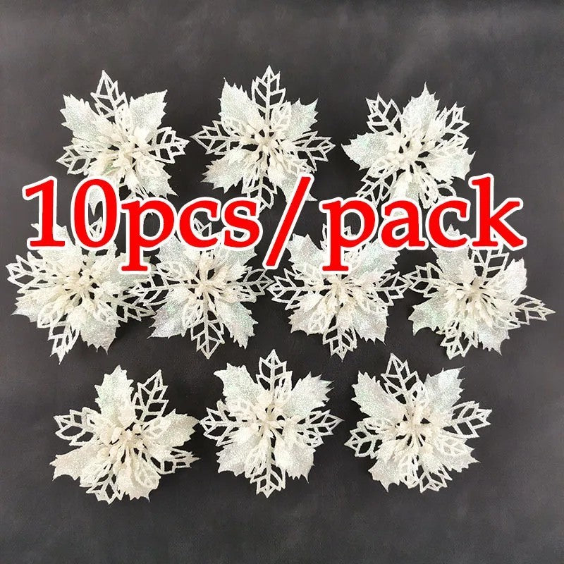10pcs Christmas Poinsettia Glitter Flowers – Xmas Tree Hanging Decorations