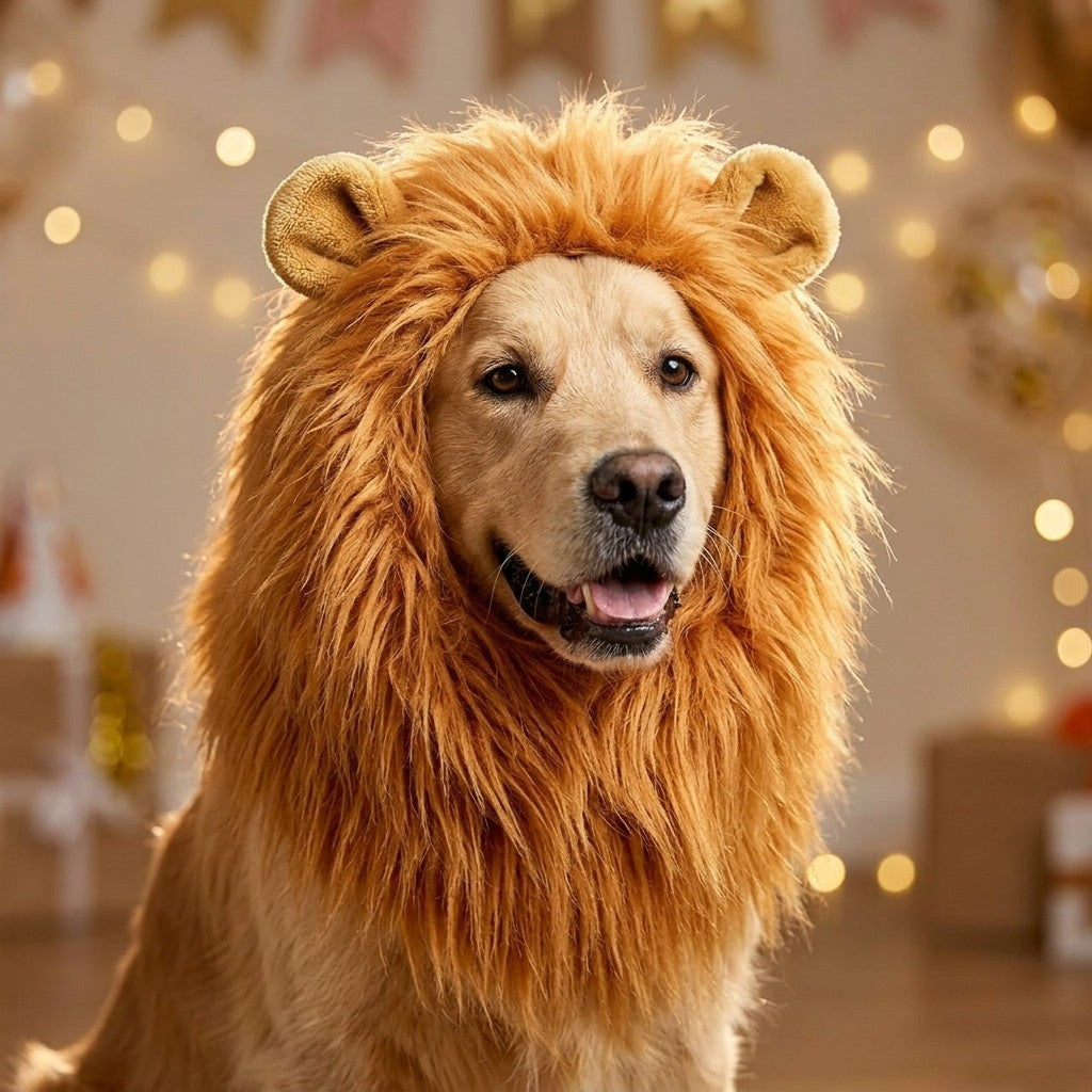 Close-up of a dog wearing a lion mane costume with festive lights behind