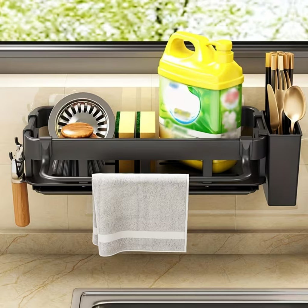 Kitchen Sink Caddy Organizer with Sponge Soap Brush Holder – Countertop Storage Rack with Hooks