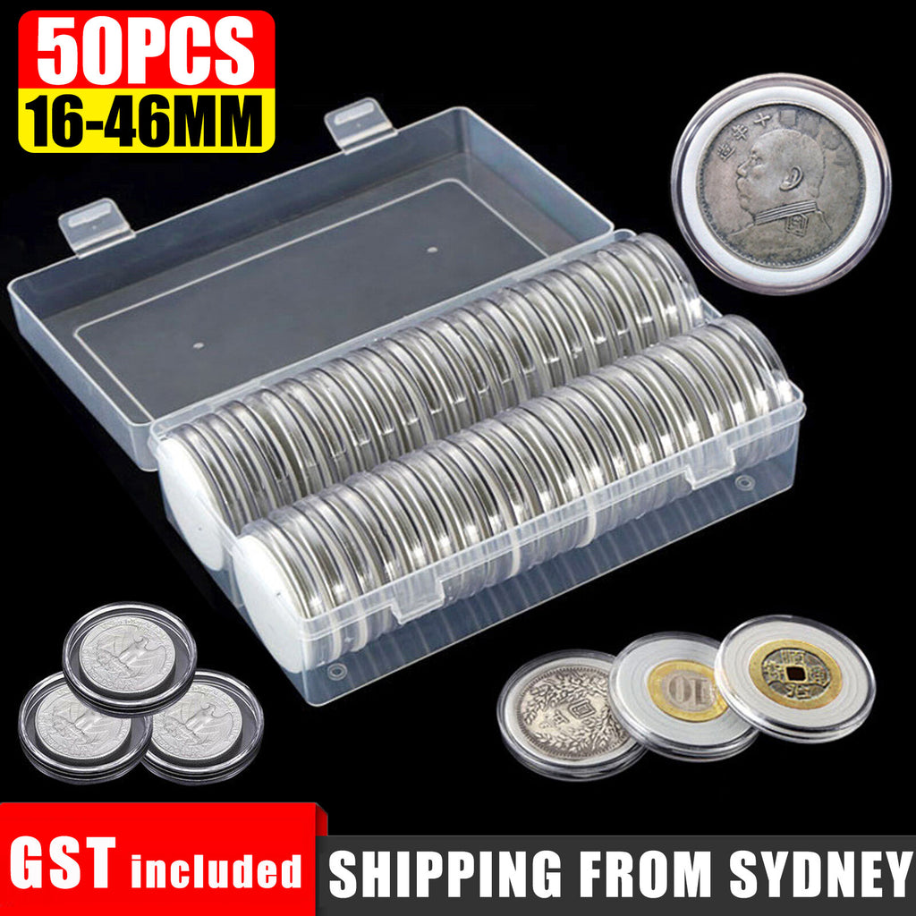 50 coin capsules 16–46mm with storage box