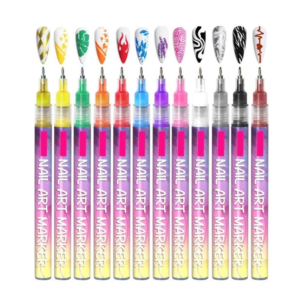36pcs Nail Art Marker Pens Set | 12 Colors Fine Tip Nail Design Pens for DIY & Salon