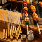 120pcs Stainless Steel BBQ Skewers 31cm | Flat Metal Kebab Sticks with Wooden Handle