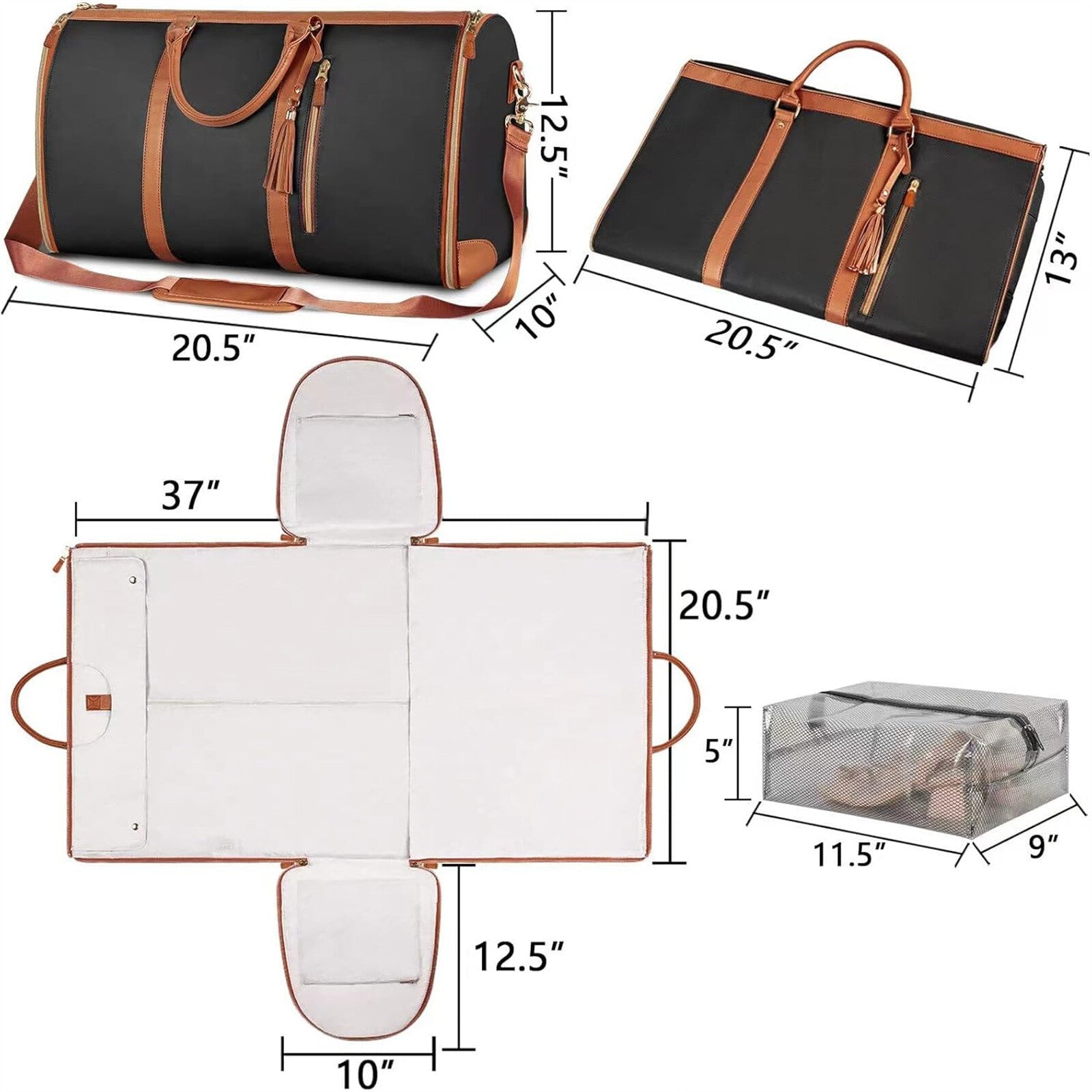 Foldable Travel Garment Duffle Bag - Large Capacity Lightweight Weekender Shoulder Bag Brown