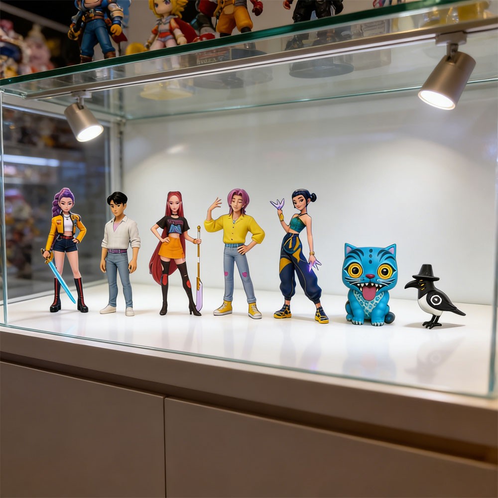 Idol singer figures in a glass display cabinet