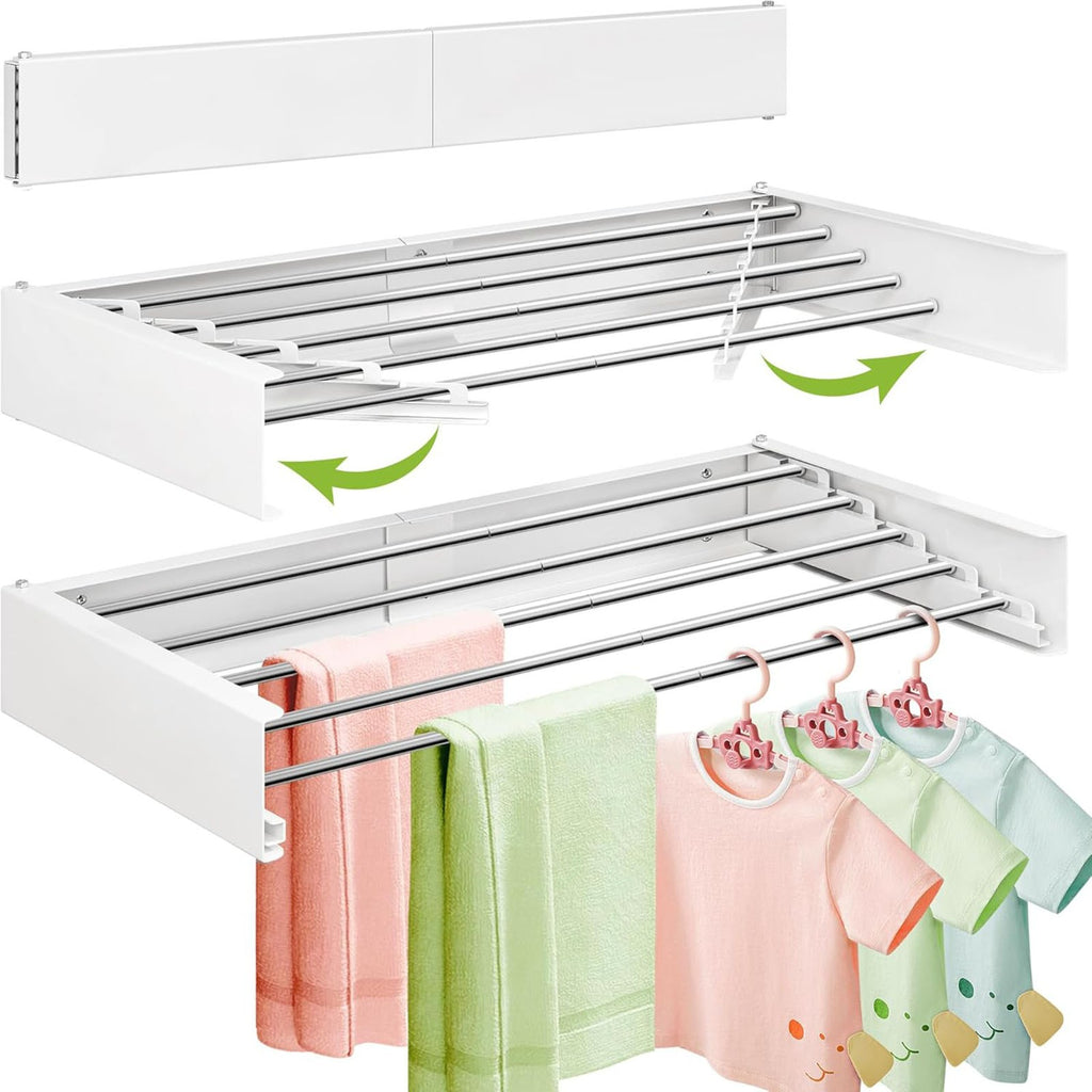 80CM Foldable Wall Mounted Clothes Drying Rack - Metal Towel and Laundry Holder White