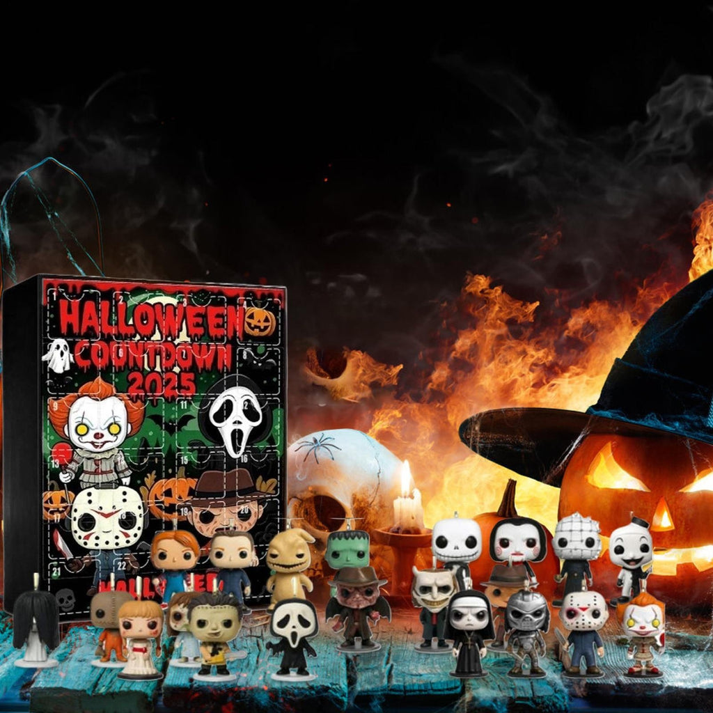 Horror advent calendar and mini figures in a spooky fiery scene