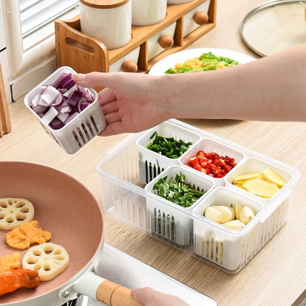 2pcs Fridge Storage Organizer Boxes | 6 Grid Vegetable Onion Meat Drain Containers