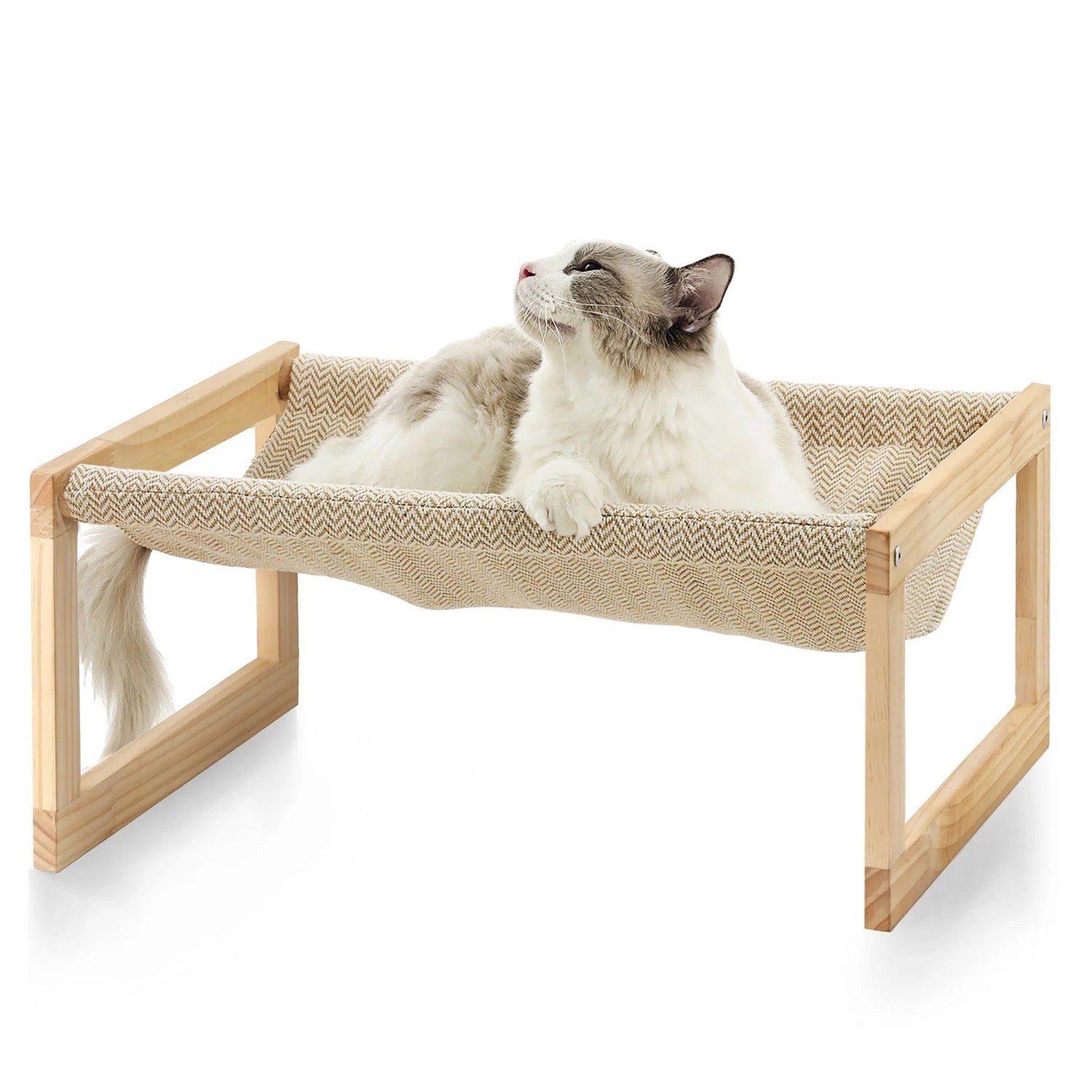 Raised Wooden Cat Bed with Hammock | Solid Pine Elevated Pet Sleeping Platform