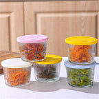 Glass jars stacked in the fridge