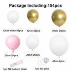154PCS Pink White Gold Balloon Arch Garland Kit – Wedding Birthday Party Decoration Set