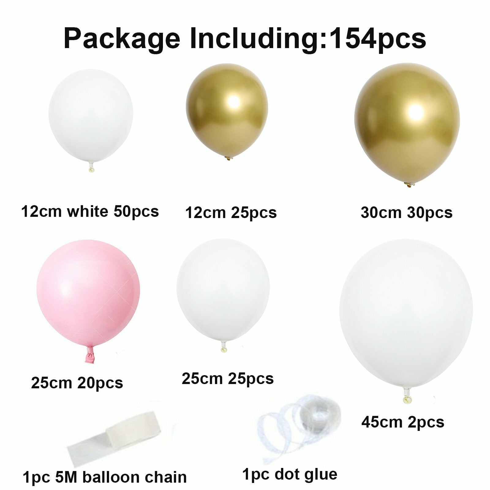 154PCS Pink White Gold Balloon Arch Garland Kit – Wedding Birthday Party Decoration Set