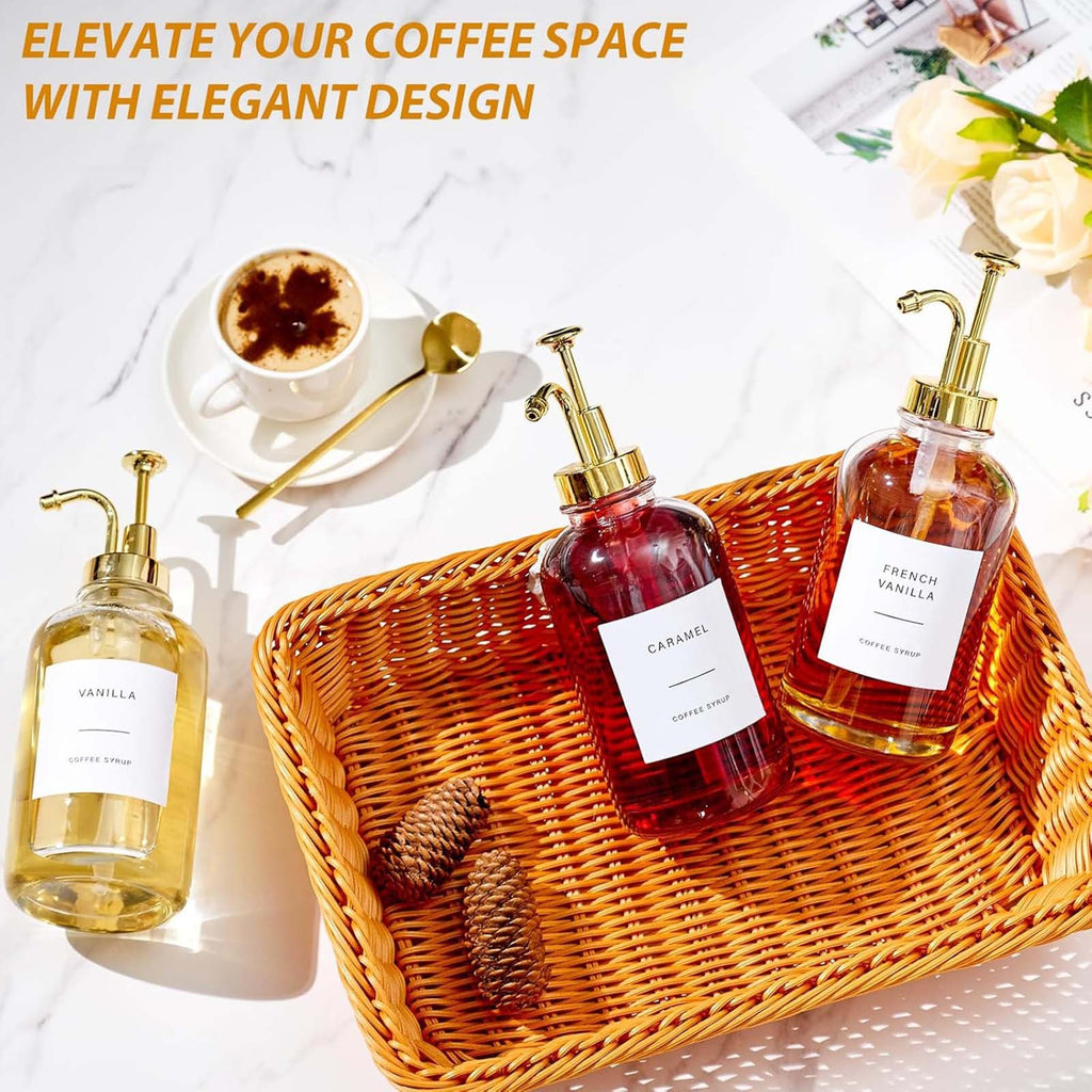 2PCS Glass Coffee Syrup Dispenser Set with Pumps Funnel & Labels 500ML Bottles