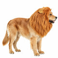 Dog wearing the lion mane costume wig with ears, side view on a white background, size S