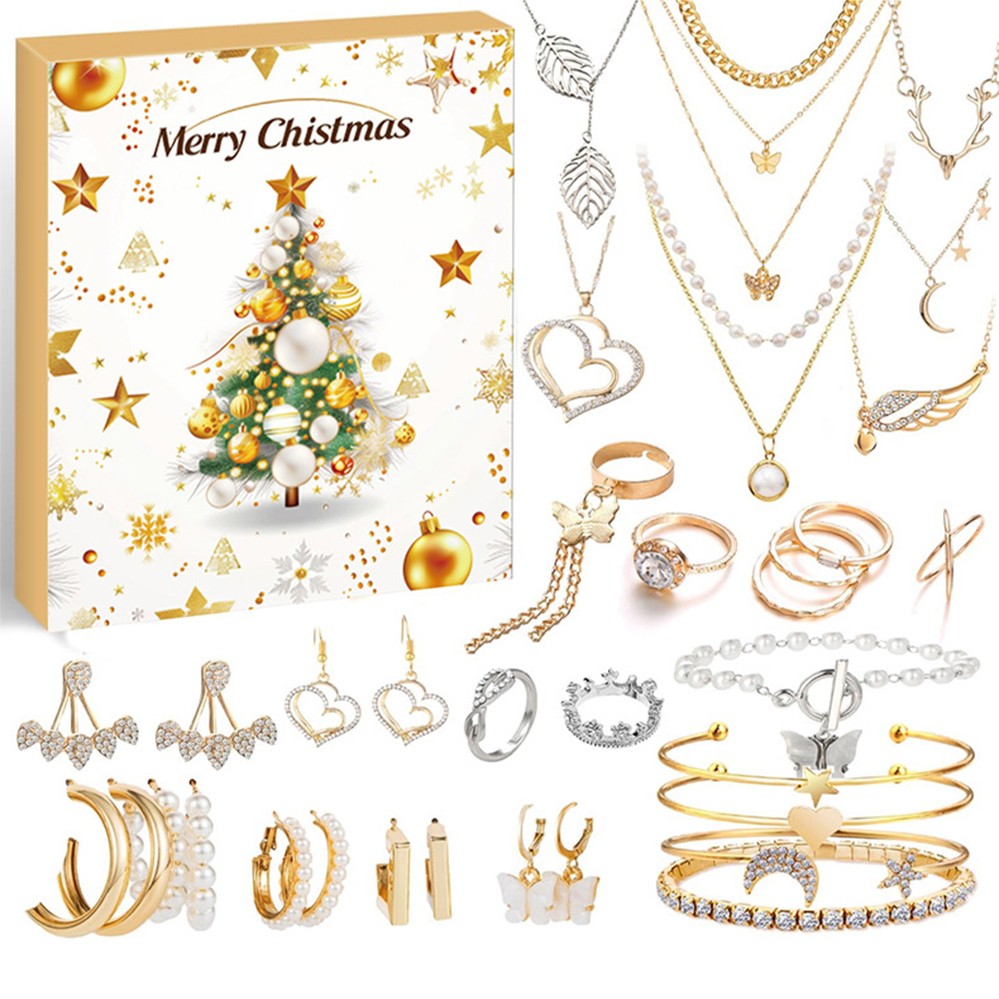 Gold Christmas tree jewellery advent calendar with 24 gold-tone pieces on a white background