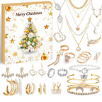 Gold Christmas tree jewellery advent calendar with 24 gold-tone pieces on a white background