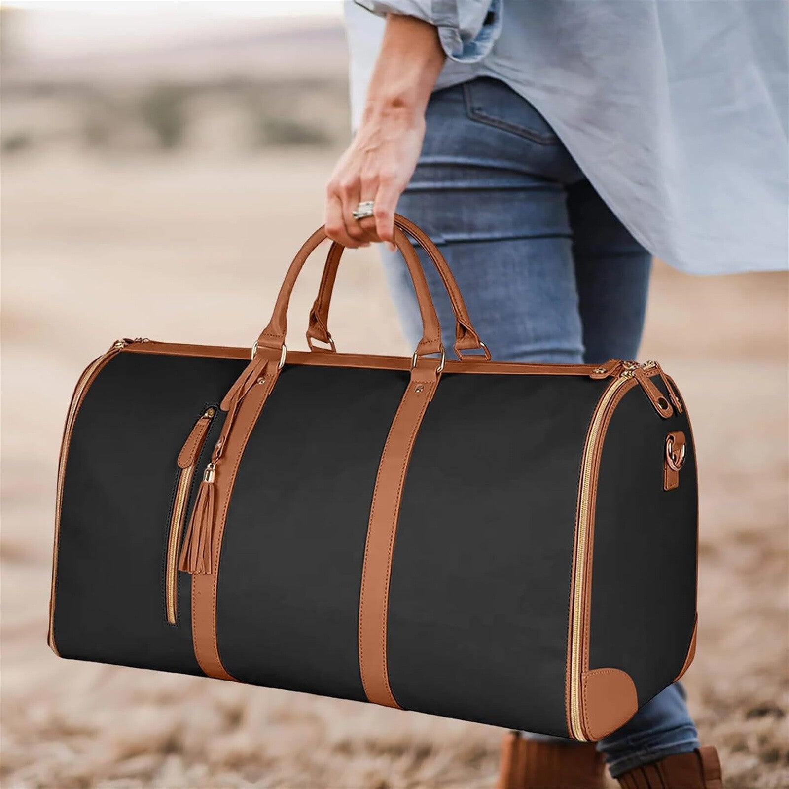 Foldable Travel Garment Duffle Bag - Large Capacity Lightweight Weekender Shoulder Bag Brown