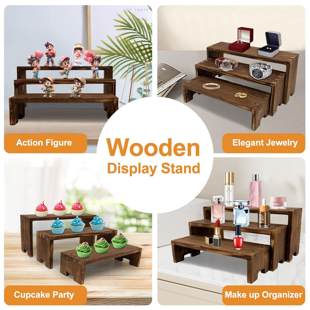 6pcs 3 Tier Wooden Display Risers Set | Rectangular Cupcake Dessert & Retail Display Stands